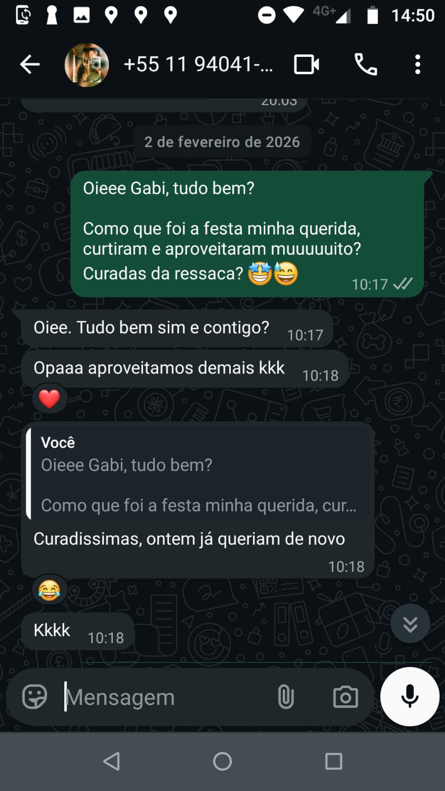 Print de WhatsApp da Gabriela elogiando a Chapa Drinks